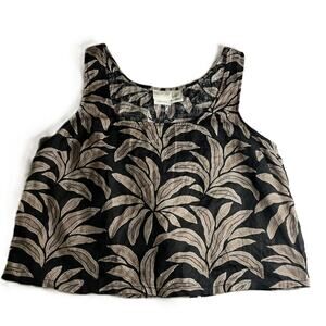 Rachel Zoe 100% Linen Tank Sleeveless Top L Black Beige Palm Leaf Resort Beach